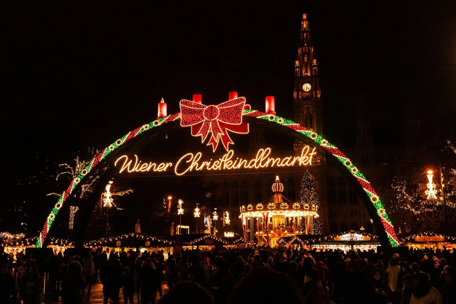 The Christmas market in front of Vienna City Hall at night